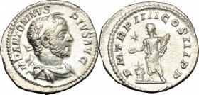 Elagabalus (218-222). AR Denarius, 221 AD. D/ IMP ANTONINVS PIVS AVG. Laureate and draped bust right, horn over forehead. R/ PM TR P IIII COS III PP. ...