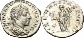 Elagabalus (218-222). AR Denarius. D/ IMP ANTONINVS PIVS AVG. Laureate and draped bust right. R/ LIBERALITAS AVG III. Liberalitas standing left, holdi...