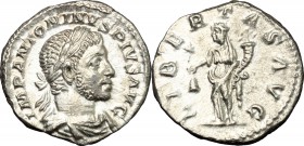 Elagabalus (218-222). AR Denarius. D/ IMP ANTONINVS PIVS AVG. Laureate and draped bust right. R/ LIBERTAS AVG. Libertas standing left, holding pileus ...