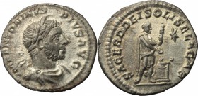Elagabalus (218-222). AR Denarius, Rome mint. D/ IMP ANTONINVS PIVS AVG. Laureate and draped bust right. R/ SACERD DEI SOLIS ELAGAB. Elagabalus standi...
