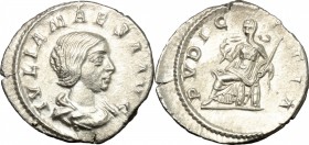 Julia Maesa, grandmother of Elagabalus (died 225 AD). AR Denarius. D/ IVLIA MAESA AVG. Draped bust right. R/ PVDICITIA. Pudicitia seated left, raising...