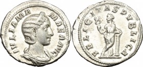 Julia Mamaea, mother of Severus Alexander (died 235 AD). AR Denarius, 228 AD. D/ IVLIA MAMAEA AVG. Diademed and draped bust right. R/ FELICITAS PVBLIC...