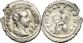 Gordian III (238-244). AR Antoninianus, Rome mint. D/ IMP GORDIANVS PIVS FEL AVG. Radiate, draped and cuirassed bust right. R/ ROMAE AETERNAE. Roma se...