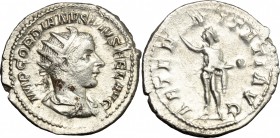 Gordian III (238-244). AR Antoninianus, Rome mint. D/ IMP GORDIANVS PIVS FEL AVG. Radiate, draped and cuirassed bust right. R/ AETERNITATI AVG. Sol st...