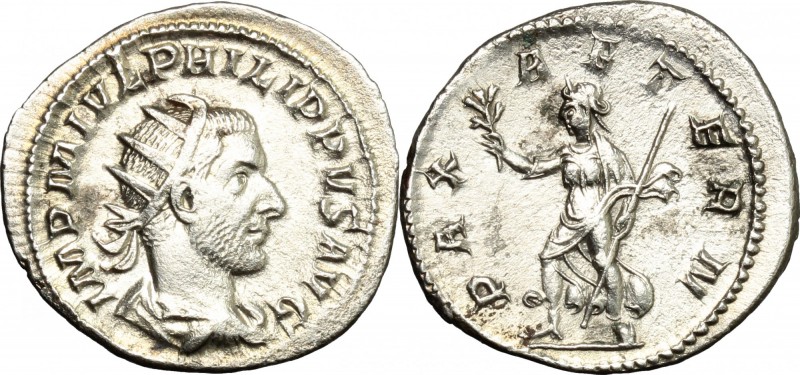 Philip I (244-249). AR Antoninianus. D/ IMP M IVL PHILIPPVS AVG. Radiate, draped...