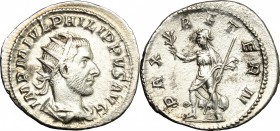 Philip I (244-249). AR Antoninianus. D/ IMP M IVL PHILIPPVS AVG. Radiate, draped and cuirassed bust right. R/ PAX AETERN. Pax advancing left, holding ...