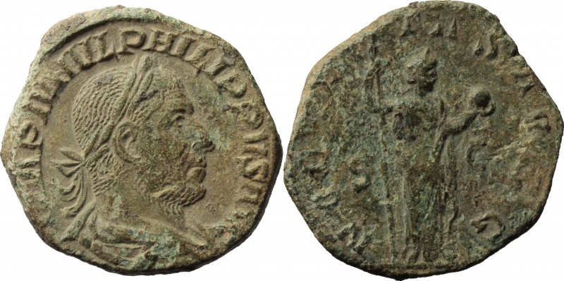 Philip I (244-249). AE Sestertius, 248 AD. D/ IMP M IVL PHILIPPVS AVG. Laureate,...