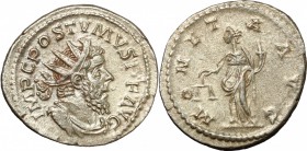 Postumus (259-268). AR Antoninianus, Treveri mint. D/ IMP C POSTVMVS PF AVG. Radiate, draped and cuirassed bust right. R/ MONETA AVG. Moneta standing ...