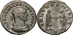 Florian (276 AD). BI Antoninianus, Ticinum mint. D/ IMP C MAN FLORIANVS P AVG. Radiate and cuirassed bust right. R/ CONCORD MILIT. Emperor standing ri...