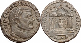 Maximian (286-310). AE Follis, Rome mint. D/ IMP C MAXIMIANVS PF AVG. Laureate head right. R/ CONSERVATORES VRB SVAE. Hexastyle temple containing Roma...