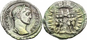 Galerius as Caesar (293-305). AR Argenteus, Rome mint. D/ MAXIMIANVS CAES. Laureate head right. R/ VIRTVS MILITVM. Four princes sacrificing before cam...