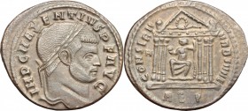 Maxentius (306-312). AE Follis, Rome mint. D/ IMP C MAXENTIVS PF AVG. Laureate head right. R/ CONSERV VRB SVAE, Hexastyle temple with wreath in pedime...