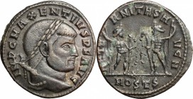 Maxentius (306-312). AE Follis, Ostia mint. D/ IMP C MAXENTIVS PF AVG. Laureate head right. R/ AETERNITAS AVG N. Castor and Pollux, standing facing ea...