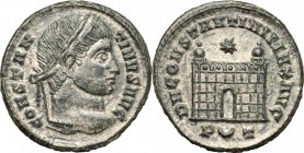 Constantine I (307-337). AE Follis, Ticinum mint, 326 AD. D/ CONSTANTINVS AVG. Laureate head right. R/ DN CONSTANTINI MAX AVG. Camp gate with two turr...