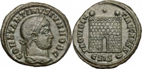 Constantine II as Caesar (317-337). AE Follis, Siscia mint, 328-329 AD. D/ CONSTANTINVS IVN NOB C. Laureate head right. R/ PROVIDENTIAE CAESS. Camp ga...
