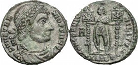 Vetranio (350 AD). AE 22mm, Siscia mint. D/ DN VETRANIO PF AVG. Laureate, draped and cuirassed bust right; behind, A. R/ CONCORDIA MILITVM. Vetranio s...