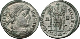Vetranio (350 AD). AE 22 mm. Thessalonica mint. D/ DN VETRANIO PF AVG. Laureate, draped and cuirassed bust right. R/ CONCORDIA MILITVM. Vetranio stand...