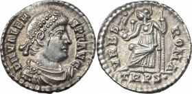 Valens (364-378). AR Siliqua, Treveri mint. D/ DN VALENS PF AVG. Pearl-diademed, draped and cuirassed bust right. R/ VRBS ROMA. Roma seated left on th...