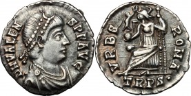 Valens (364-378). AR Siliqua, Treveri mint. D/ DN VALENS PF AVG. Pearl-diademed, draped and cuirassed bust right. R/ VRBS ROMA. Roma seated left on th...