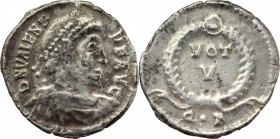 Valens (364-378). AR Siliqua, Constantinople mint. D/ DN VALENS PF AVG. Pearl-diademed, draped and cuirassed bust right. R/ VOT V in wreath; below, C•...