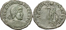 Gratian (367-383). AE 20 mm. Arelate mint. D/ DN GRATIANVS AVGG AVG. Pearl-diademed, draped and cuirassed bust right. R/ [GL]ORIA NOVI SAECVLI. Empero...