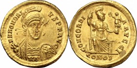 Honorius (393-423). AV Solidus, Constantinople mint, 395-402 AD. D/ DN HONORIVS PF AVG. Pearl-diademed, helmeted and cuirassed bust facing slightly ri...