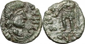 Vandals in North Africa. Gaiseric (429-477). Pseudo-Imperial issue. AE Nummus imitating Valentinian III, c. 443-450 AD. D/ Blundered legend. Diademed,...