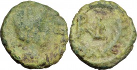 Ostrogothic Italy. AE Decanummium. Municipal bronze coinage of Ravenna, circa 536-554 AD. D/ FELIX RAVENNA. Crowned bust of Ravenna right. R/ Monogram...
