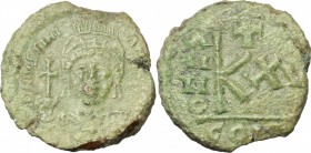 Justinian I (527-565). AE Half Follis. Constantine mint, Numidia(?). D/ DN IVSTINIANVS PP AG. Helmeted and cuirassed bust facing, holding globus cruci...