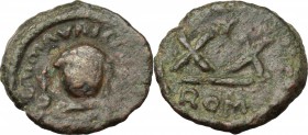 Maurice Tiberius (582-602). AE Half Follis. Rome mint. D/ DN mAVRICI [TIb PP AV]. Crowned, draped and cuirassed bust facing, holding globus cruciger. ...