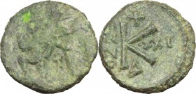 Heraclius, with Heraclius Constantine (610-641). AE 1/2 Follis. Ravenna mint, 630-631. D/ Heraclius and Heraclius Constantine standing facing; the for...
