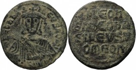 Leo VI (886-912). AE Follis, Constantinople mint. D/ Bust facing, wearing crown and chlamys and holding akakia. R/ Legend in four lines. D.O.8. Sear 1...
