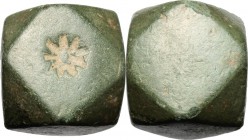 AE fourteen-shield dice (or weight), VI-VIII centuries AD. The truncated cube has six square and eight triangular faces; on a square face, punched sta...