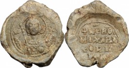 PB Seal, c. 11th century AD. D/ Half-length bust of Archangel St. Michael. R/ Legend in four lines. PB. g. 8.08 mm. 20.00 Good VF.