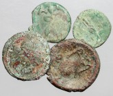 Greek World. Multiple lot of four (4) unclassified AE coins, including a countermarked example. AE. Fair:F.