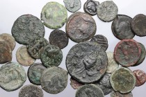 Greek Sicily. Multiple lot of thirty (30) unclassified AE coins, including an interesting countermarked (head right) AE of Akragas. AE. F:About VF.