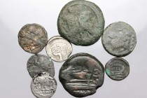 Roman Republic. Multiple lot of eight (8) unclassified coins, mostly AE, including a bronze core of a fourrée Junius Brutus Cr. 433/1 and two (2) AR D...