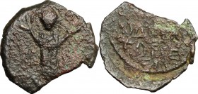 Antioch. Roger of Salerno, Regent (1112-1119). AE follis with Virgin standing orans. Schl. pl. II, 11. Malloy 8. g. 2.33 mm. 18.00 F-About VF.