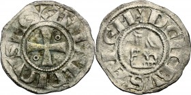 Jerusalem. Amaury (1163-1174). Billon denier with church of the Holy Sepulchre. Schl. pl. III, 19. Malloy 22. g. 0.90 mm. 18.00 VF.