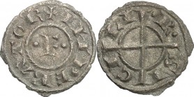 Brindisi. Federico II (1197-1250). Quarto di denaro con F. Sp. 111. MIR 120. MI. g. 0.22 mm. 12.00 RRR. BB+.