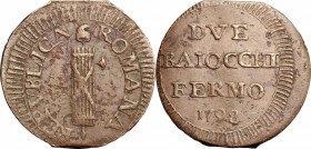 Fermo. Repubblica Romana (1798-1799). Due baiocchi 1798. Bruni 12. AE. g. 18.81 mm. 32.00 RR. BB.