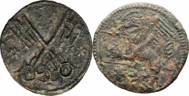 Firenze. Tessera mercantile, XIII-XIV sec. (ante 1369). Famiglia di Gentile. D/ Chiavi decussate legate in basso da correggia; ai lati, due rosette a ...