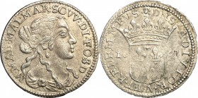 Fosdinovo. Maria Maddalena Centurioni, moglie di Pasquale Malaspina (1663-1669). Luigino 1667. Camm 71. AR. g. 2.02 mm. 21.30 qBB.