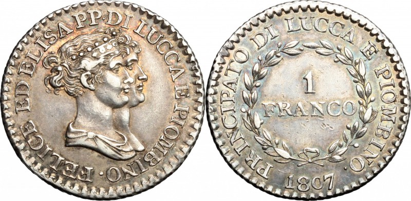 Lucca. Elisa Bonaparte e Felice Baciocchi (1805-1814). 1 franco 1807. MIR 245/3....