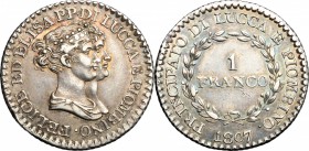 Lucca. Elisa Bonaparte e Felice Baciocchi (1805-1814). 1 franco 1807. MIR 245/3. AG. g. 5.02 mm. 22.50 Patina iridescente da vecchia raccolta. qSPL.