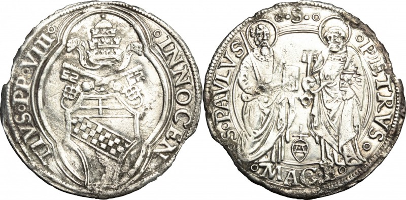 Macerata. Innocenzo VIII (1484-1492). Grosso. M. 34 var I. Berm. 513. CNI 9. AG....