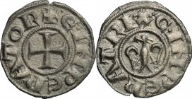 Messina. Enrico VI con la moglie Costanza D'Altavilla (1194-1196). Denaro. Sp. 27/29. MIR 55. MI. g. 0.82 mm. 15.00 BB+.