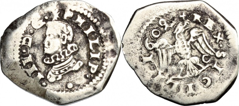 Messina. Filippo III (1598-1621). Tarì 1609 con sigle D C. Sp. 81/82. MIR 348/1....