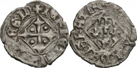 Napoli. Giovanna I d'Angiò (1343-1347). Denaro vedovile. P/R 4. MIR 33. MI. g. 0.76 mm. 15.00 RR. BB+. Coniata dopo la morte di Andrea, re di Ungheria...