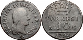 Napoli. Ferdinando IV (1759-1816). 10 tornesi 1798. P/R 95. MIR 389. AE. mm. 35.00 qBB/BB.